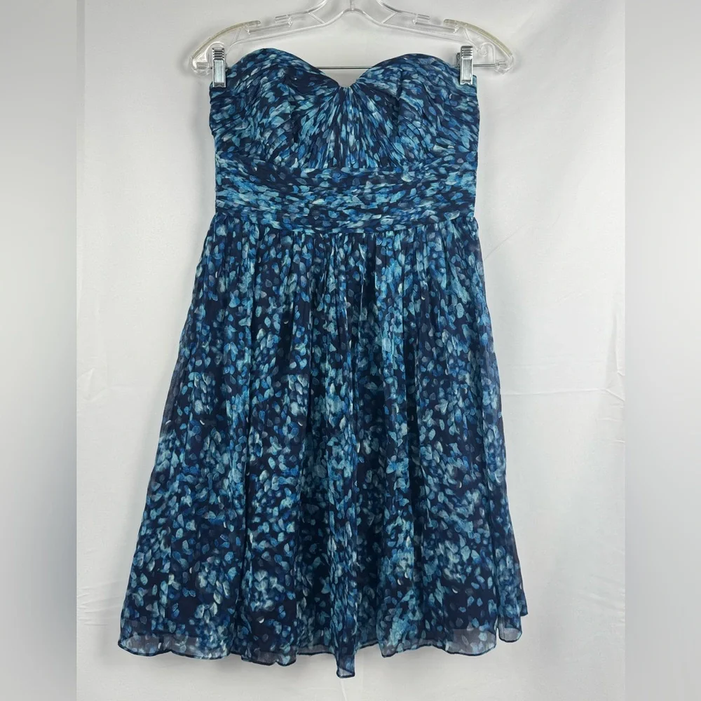 J Crew Marbella Watercolor Silk Chiffon Strapless Dress Blue Size 6 Lined